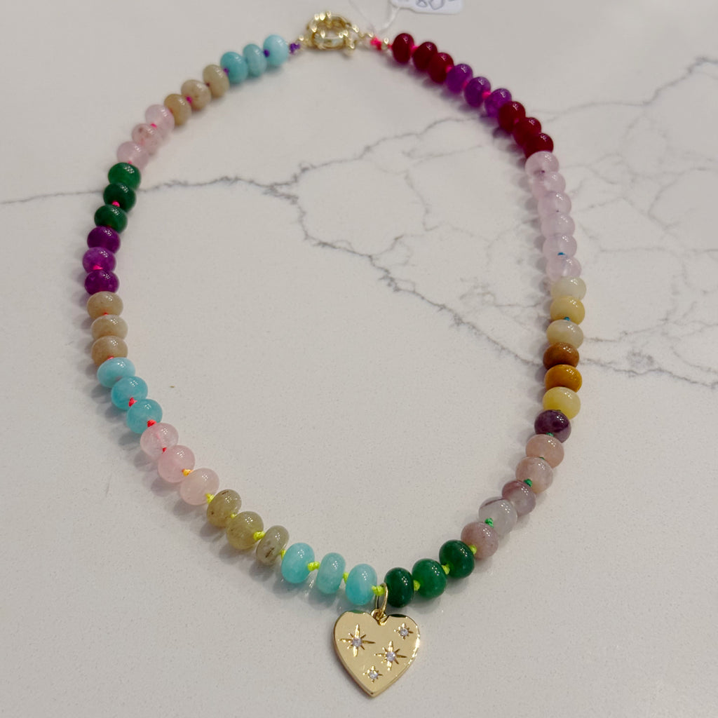 Beaded Gemstone Choker Heart Necklace - 18K Gold Plated