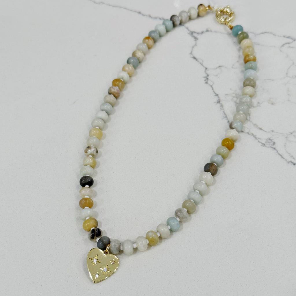 Beaded Gemstone Choker Heart Necklace - 18K Gold Plated