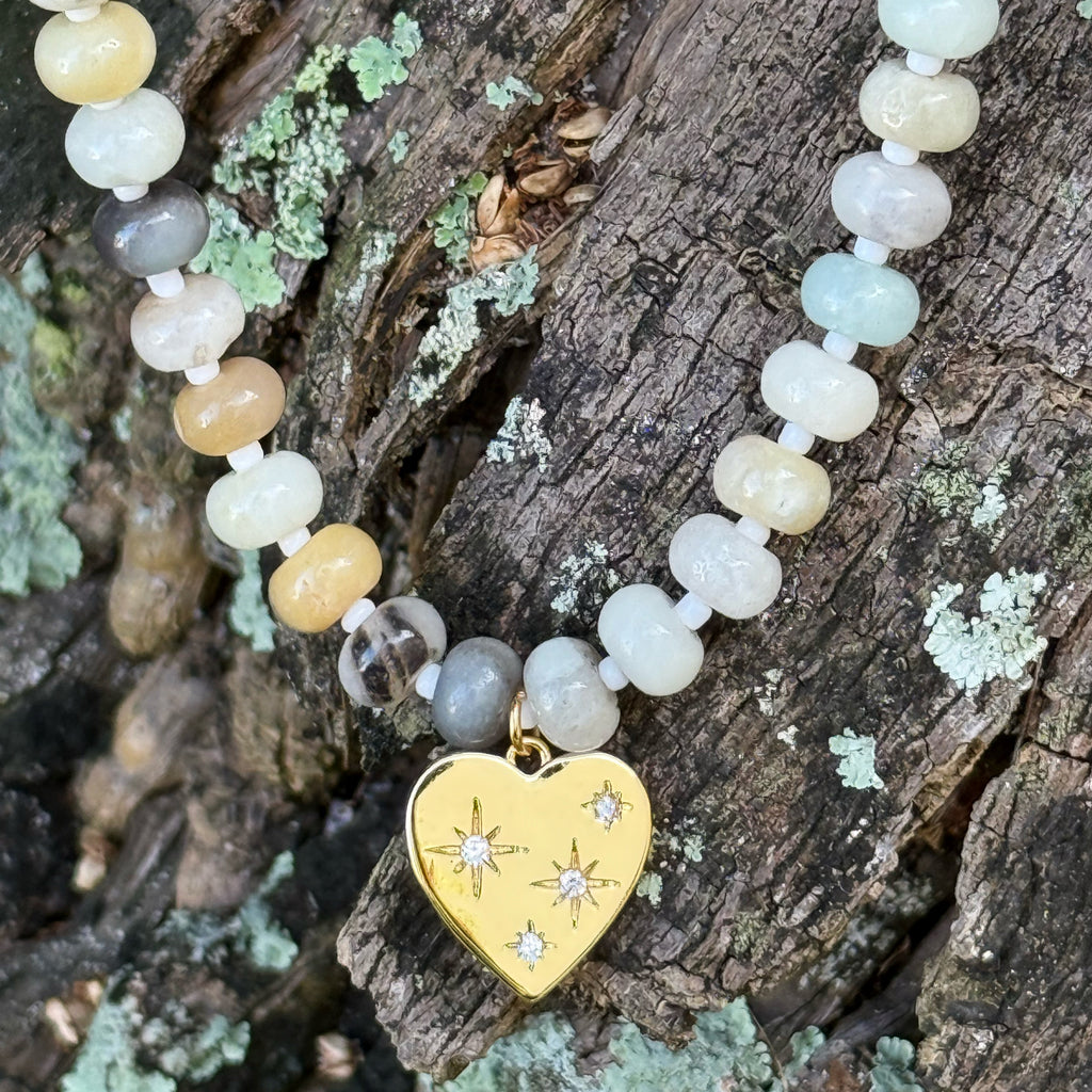 Beaded Gemstone Choker Heart Necklace - 18K Gold Plated
