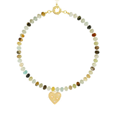 Beaded Gemstone Choker Heart Necklace - 18K Gold Plated