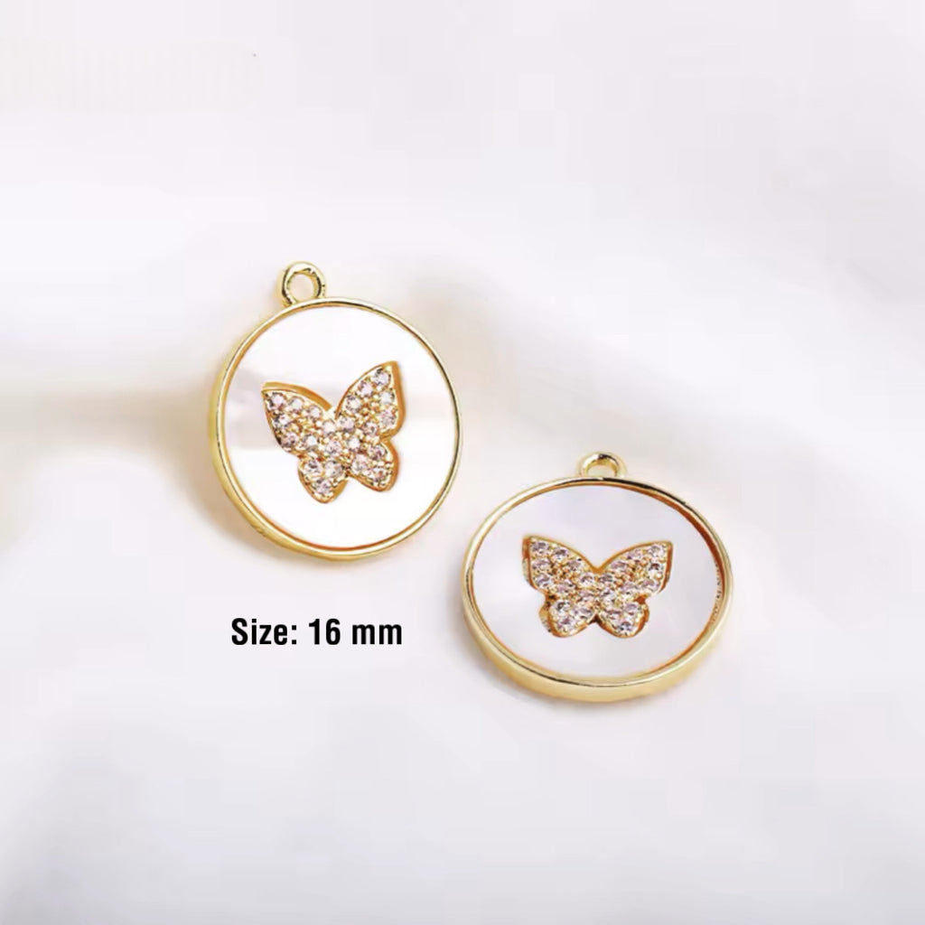 Round MOP CZ Butterfly Charm - Gold