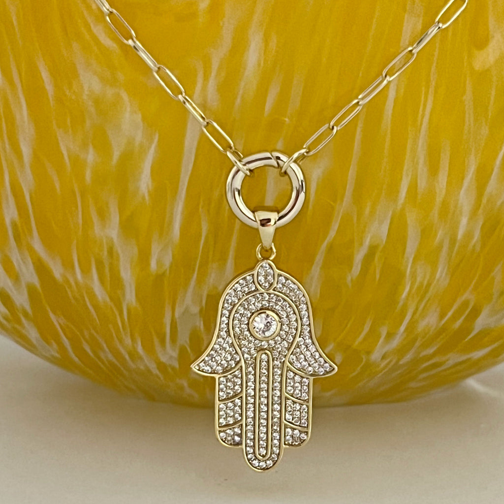 CZ Hamsa Pendant Necklace - Gold