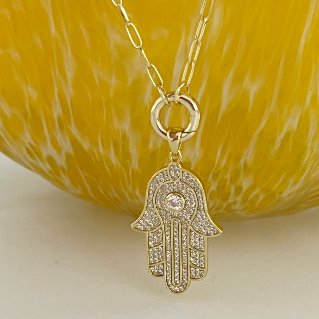 CZ Hamsa Pendant Necklace - Gold