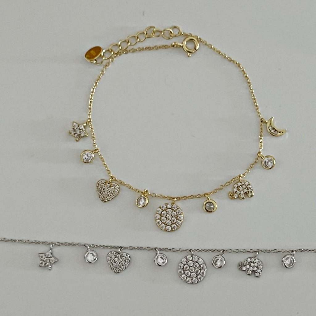 Multi Charm CZ Bracelet - Gold or Silver