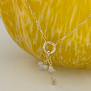 Pave Heart And Key Charm Pendant Necklace - Gold