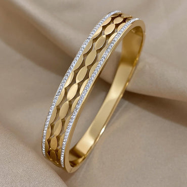 CZ Three Rows Stainless Steel Bangle Bracelet - Gold and Silver.