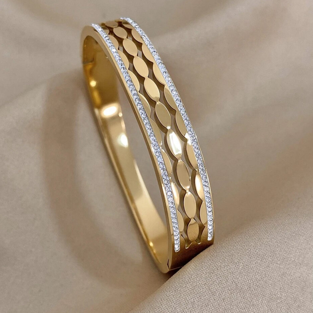 CZ Three Rows Stainless Steel Bangle Bracelet - Gold and Silver.