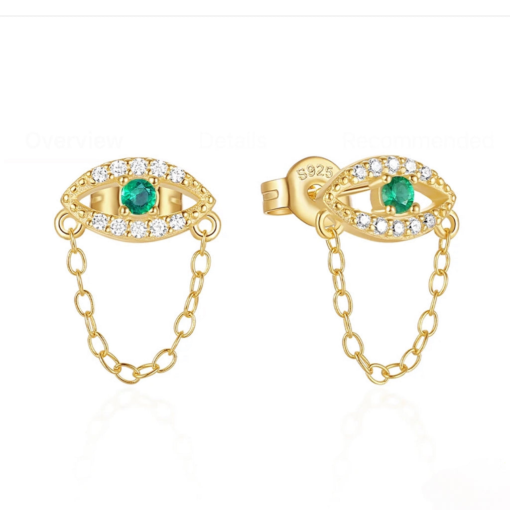 CZ Green Evil Eye Chain Stud Earrings - Gold