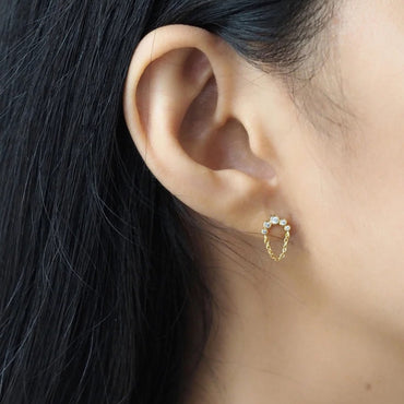 CZ Dangle Chain Studs Earrings - Gold.