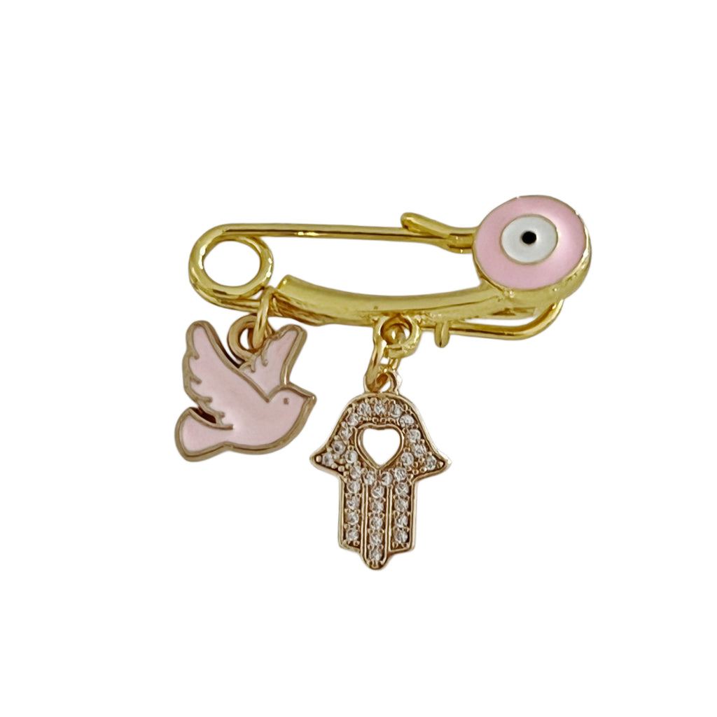 2.8 CM Enamel Evil Eye Pin With Hamsa/Dove Charms For Babies or Ladies - Gold