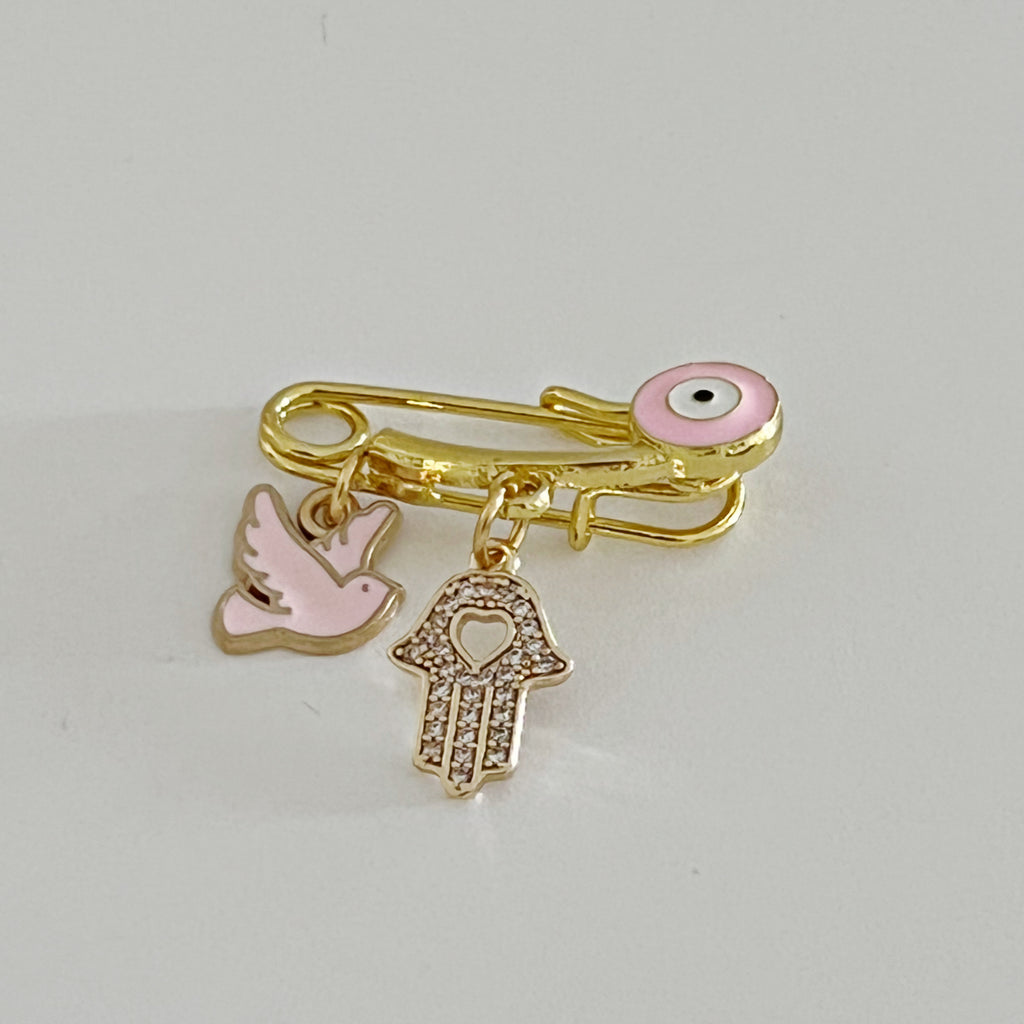 2.8 CM Enamel Evil Eye Pin With Hamsa/Dove Charms For Babies or Ladies - Gold