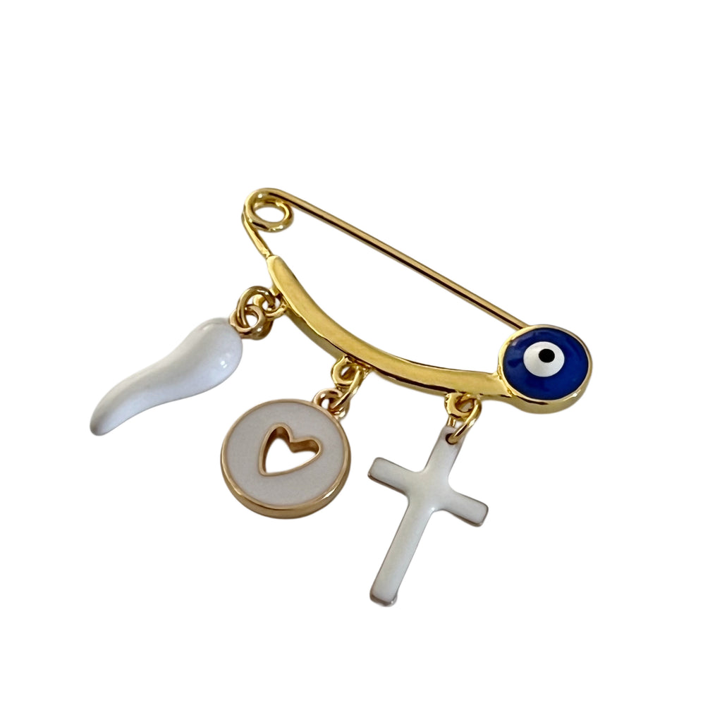 3.8 CM Enamel Evil Eye Pin With White Charms - Gold