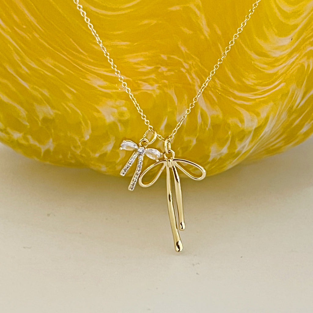 Ribbon Two Bow Charms Necklace - Gold