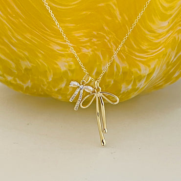 Ribbon Two Bow Charms Necklace - Gold