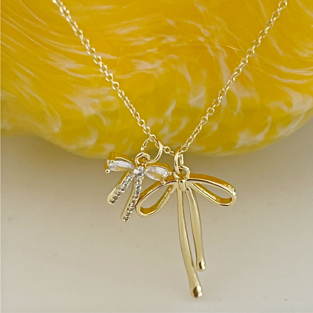 Ribbon Two Bow Charms Necklace - Gold