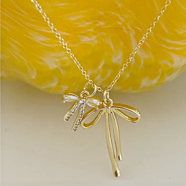 Ribbon Two Bow Charms Necklace - Gold