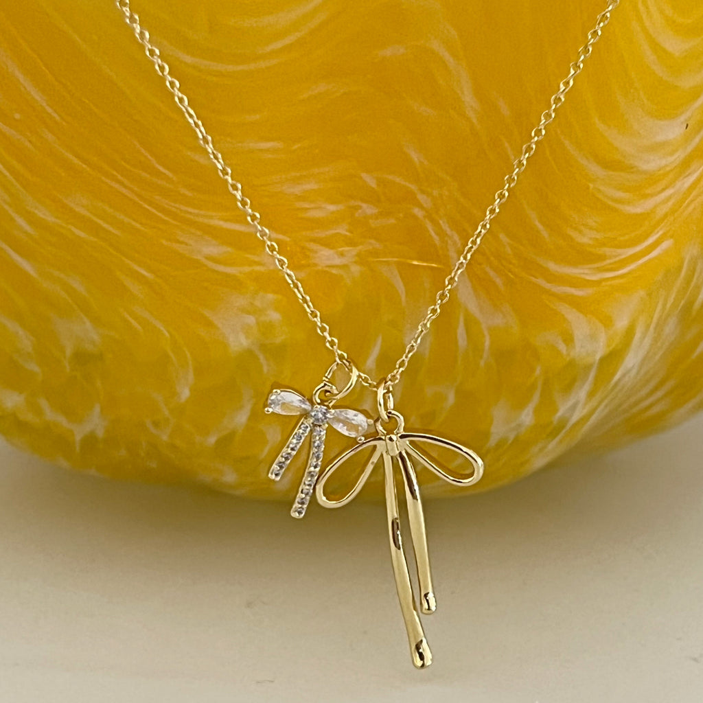 Ribbon Two Bow Charms Necklace - Gold