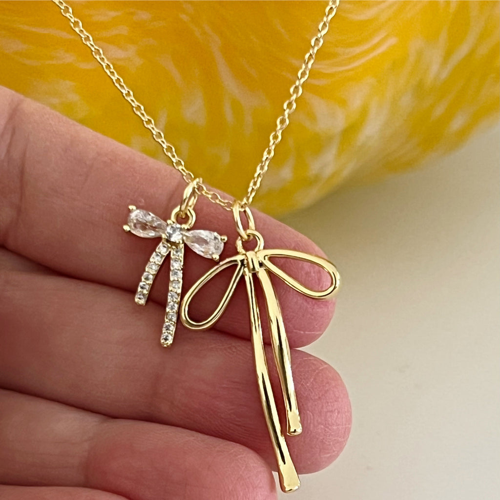 Ribbon Two Bow Charms Necklace - Gold