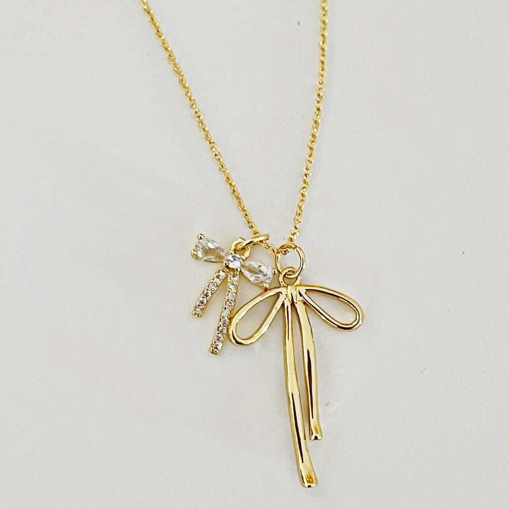 Ribbon Two Bow Charms Necklace - Gold