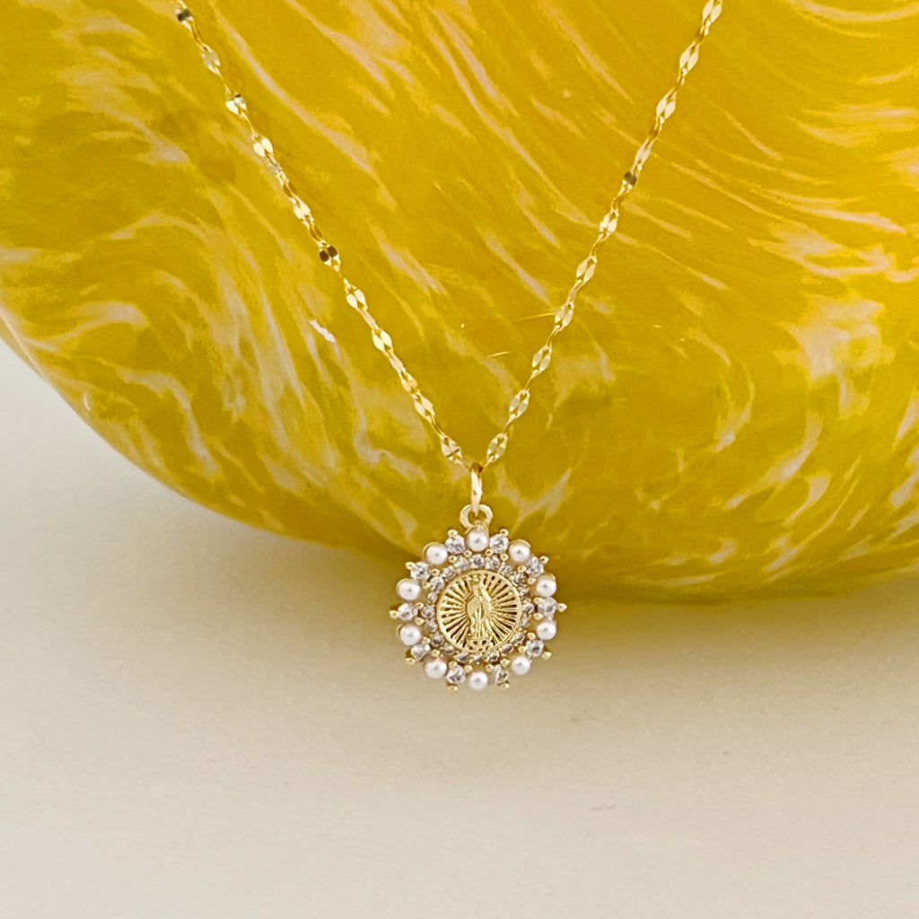 Pearl/CZ Virgin Mary Medallion Necklace - Gold