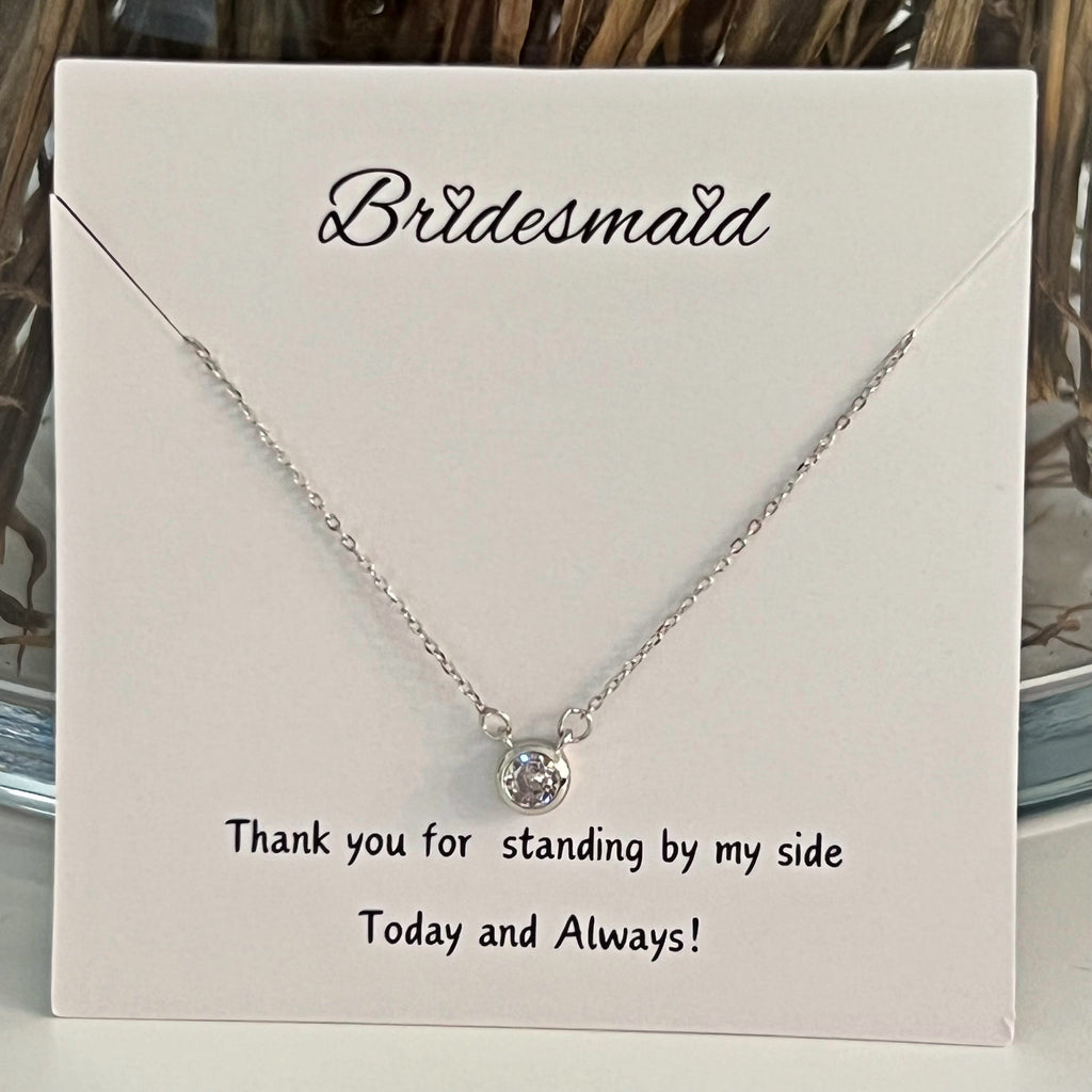 Bridesmaid Bezel CZ Solitaire Necklace - Gold or Silver