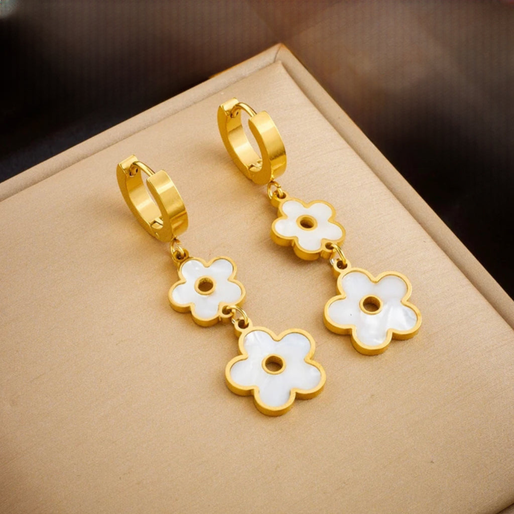 Stainless Steel Flower Dangle Earrings - 18K Gold Plated