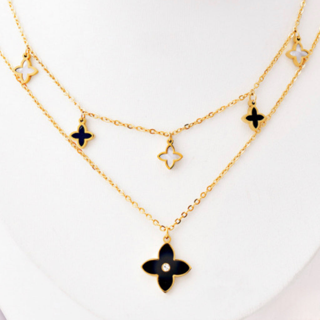 Enamel Filled Clover Earrings and Necklace Set 18k Cubic 