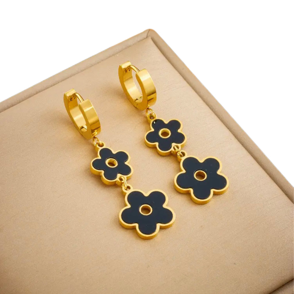 Stainless Steel Flower Dangle Earrings - 18K Gold Plated