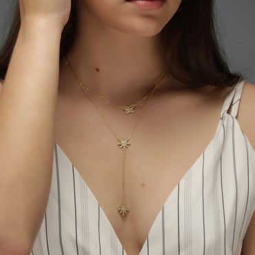 Double Starburst CZ Lariat Necklace - Gold