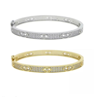 Fancy Pave CZ Evil Eye Bangle Bracelet - Gold and Silver