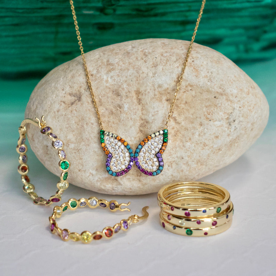 CZ Butterfly Trimmed in Multicolor Necklace - Gold