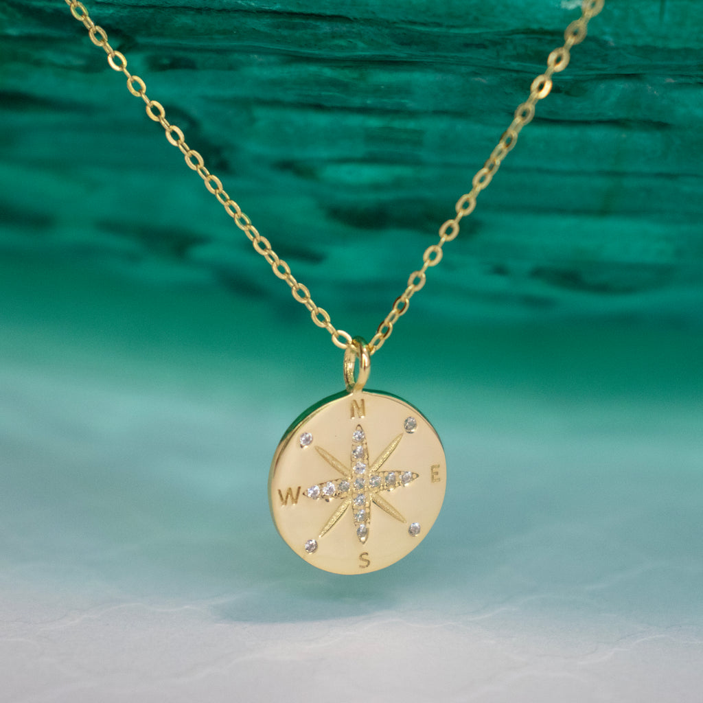 Sterling Silver CZ Compass Necklace - Gold