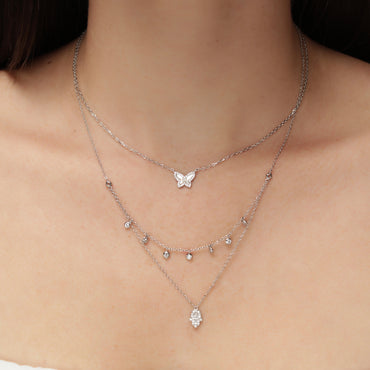 Double Chain Hamsa and CZ Layering Necklace - Silver