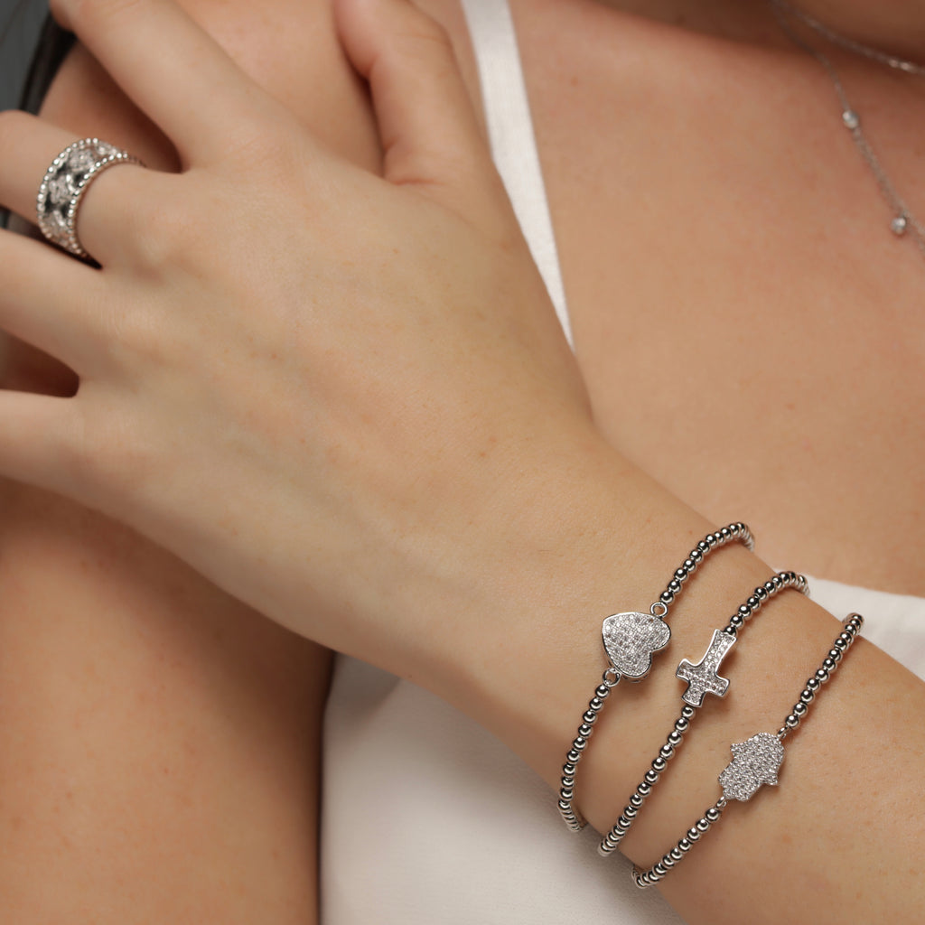 Stretch Beaded Heart Bracelet - Silver