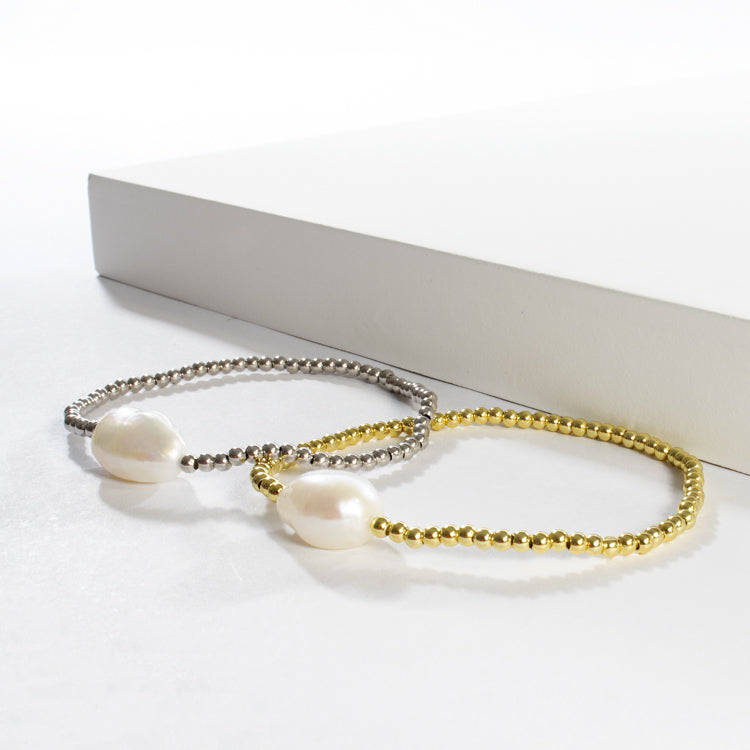 Beaded Adjustable 1 Pearl Bracelet - Gold or Silver-Bracelets-Balara Jewelry
