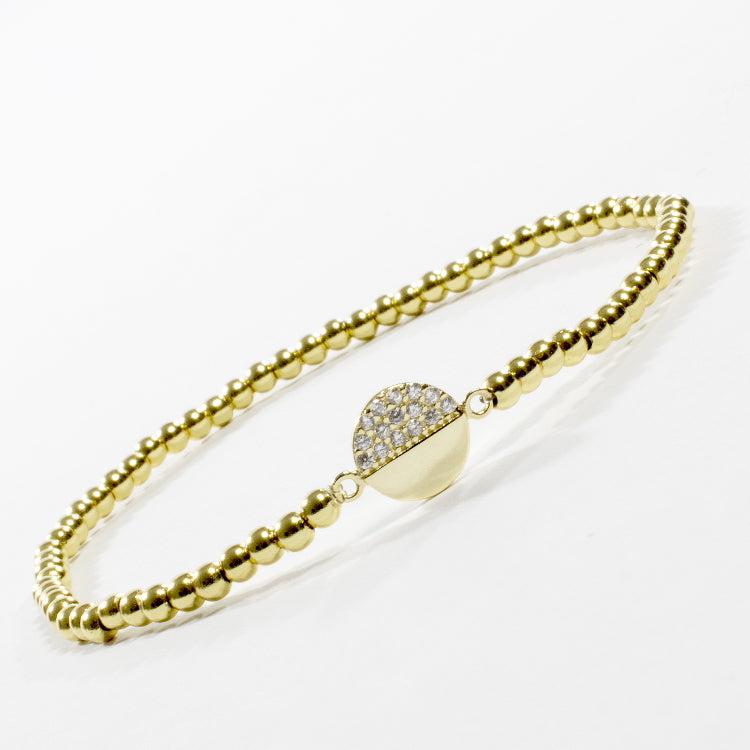 Stretch Beaded Bracelet With Half CZ Pave Disc-Bracelets-Balara Jewelry