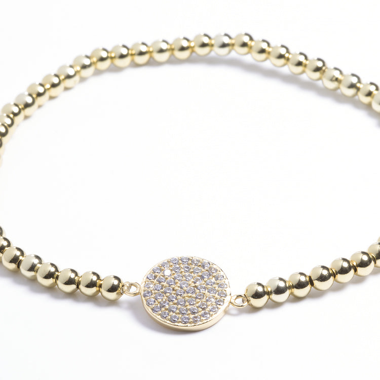 Stretch Beaded Bracelet with CZ Pave Disc - Gold or Silver-Bracelets-Balara Jewelry