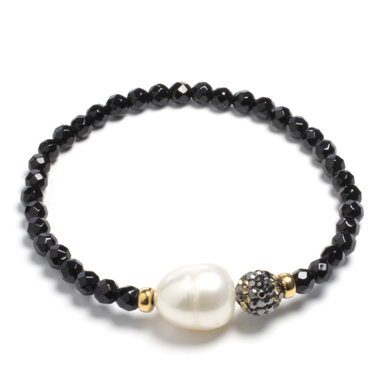 Stretch Bracelet with Freshwater Pearl and Pave Crystal Ball-Bracelets-Balara Jewelry