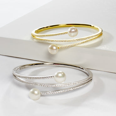Bangle Freshwater Pearl CZ Bracelet - Gold or Silver-Bracelets-Balara Jewelry