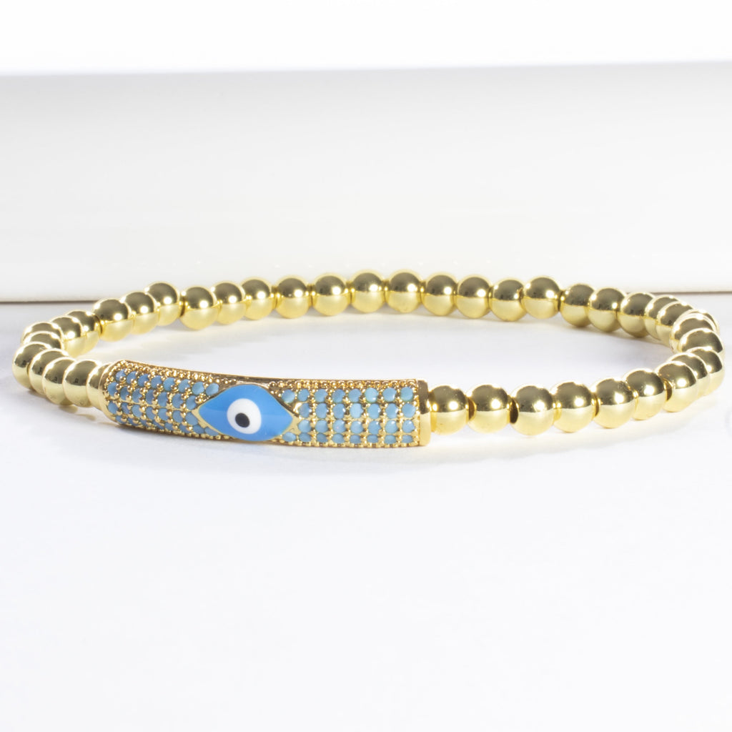 Turquoise Enamel Eye Bar Stretch Bracelet - Gold