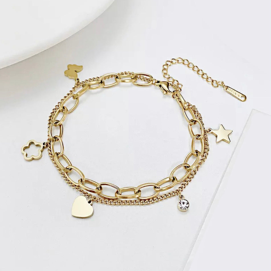 Double Stainless Steel Layered Charm Bracelet - Gold or Silver