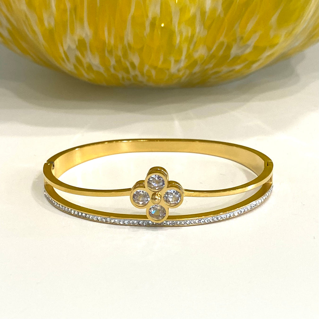 CZ Stainless Steel Lucky Four Leaf Clover Bangle - Gold