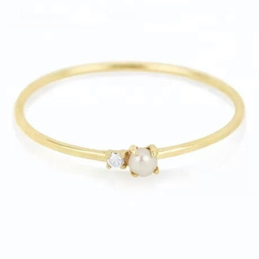 Simple Thin Stackable Pearl/CZ Ring - Gold