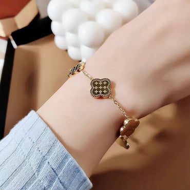 Both Sides Printed Four Leaf Clover Bracelet - Gold and Silver