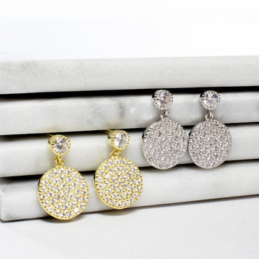 Pave CZ Disc Dangling Earrings - Gold or Silver-Earrings-Balara Jewelry