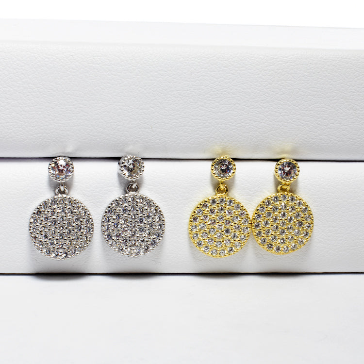 Pave CZ Disc Dangling Earrings - Gold or Silver-Earrings-Balara Jewelry