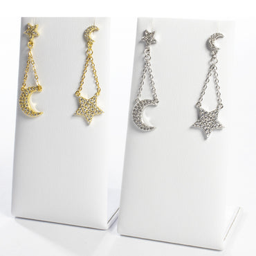 CZ Moon and Star Chain Drop Earring - Gold or Silver-Earrings-Balara Jewelry