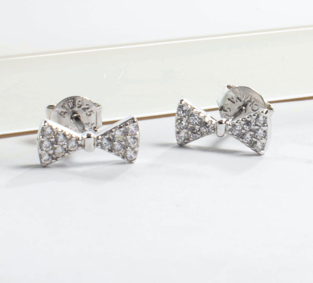Tiny CZ Bow Stud Earrings - Silver
