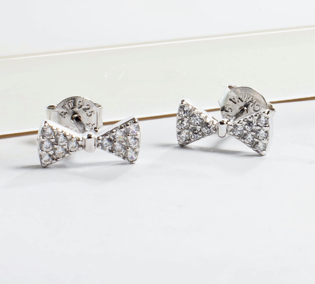 Bridesmaid Tiny CZ Bow Stud Earrings - Silver