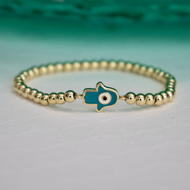 Enamel Hamsa Beaded Stretch Bracelet - Gold